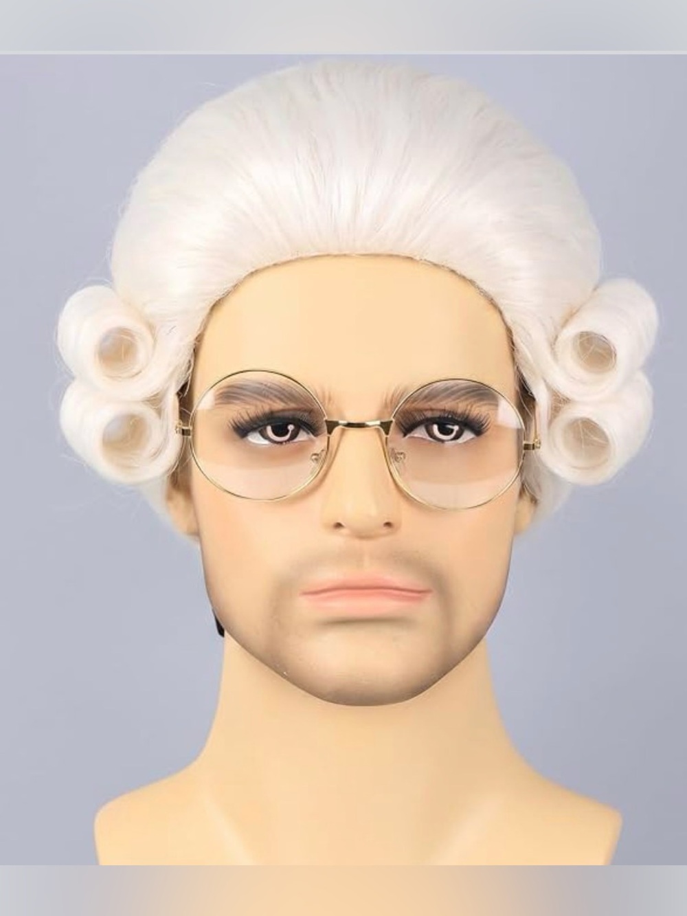 NWT Mens Colonial Judge Wig and Glasses 18th Century Costume White Powered Hair